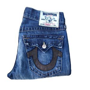 Vintage True Religion Jeans Size 32 STRAIGHT Blue Leather Tab